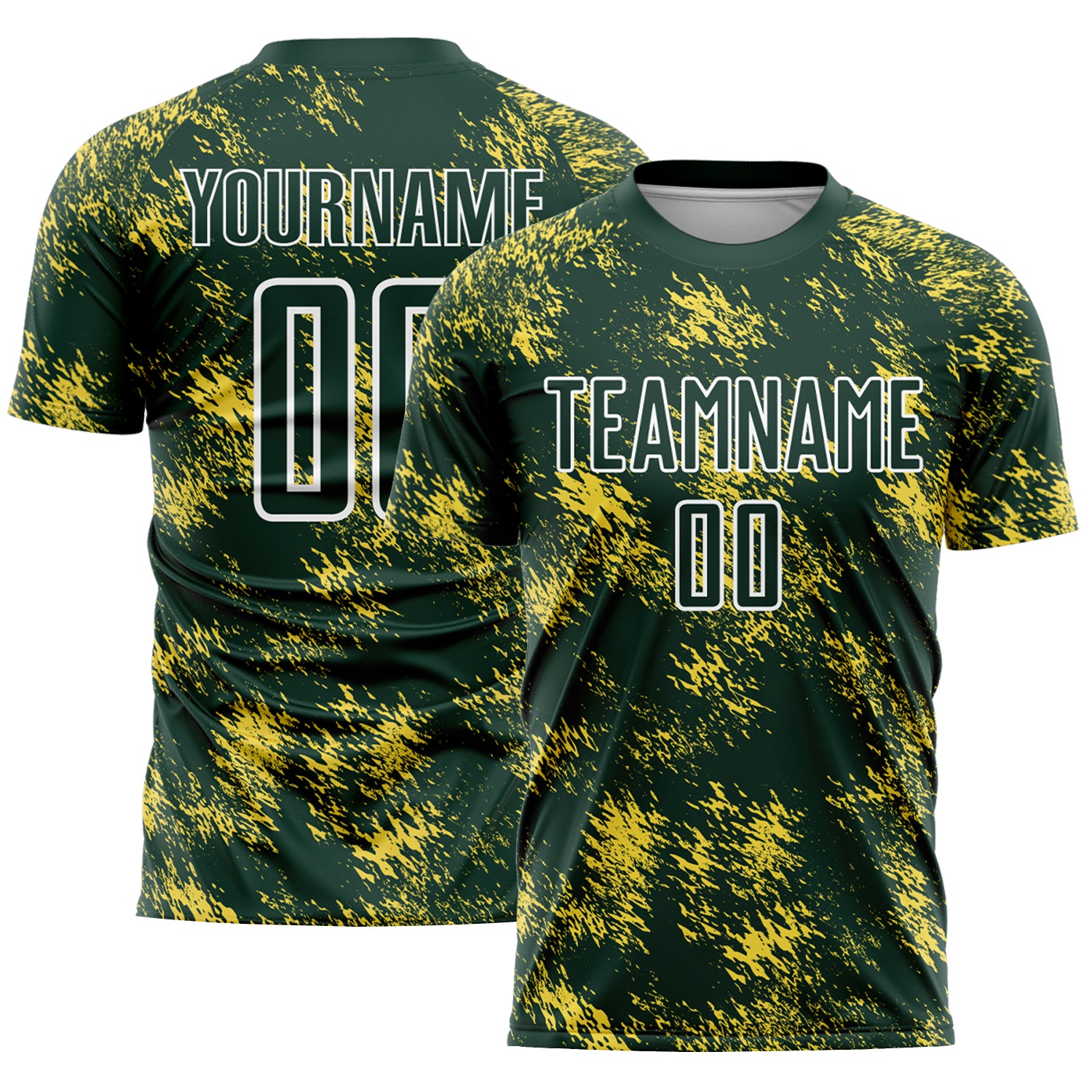 Custom Sublimation Soccer Uniform Jersey - Personalized Abstract Grunge Art with Green, Gold, and White - Team Name & Number
