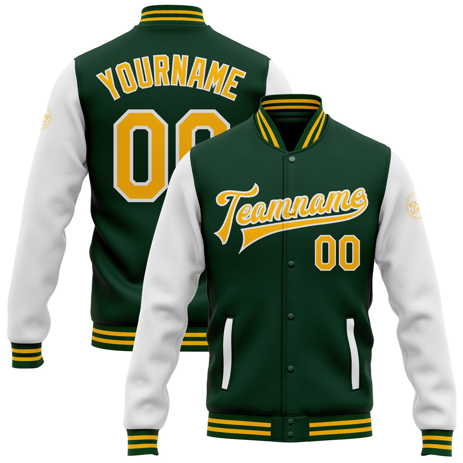 Personalized Green Gold White Bomber Jacket Two Tone Varsity Letterman Full-Snap Personalized Green Gold-White Bomber Full-Snap