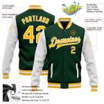 Custom Team Name Number Green Gold-White Bomber Varsity Letterman Full-Snap Two Tone Jacket Personalized Green Gold-White