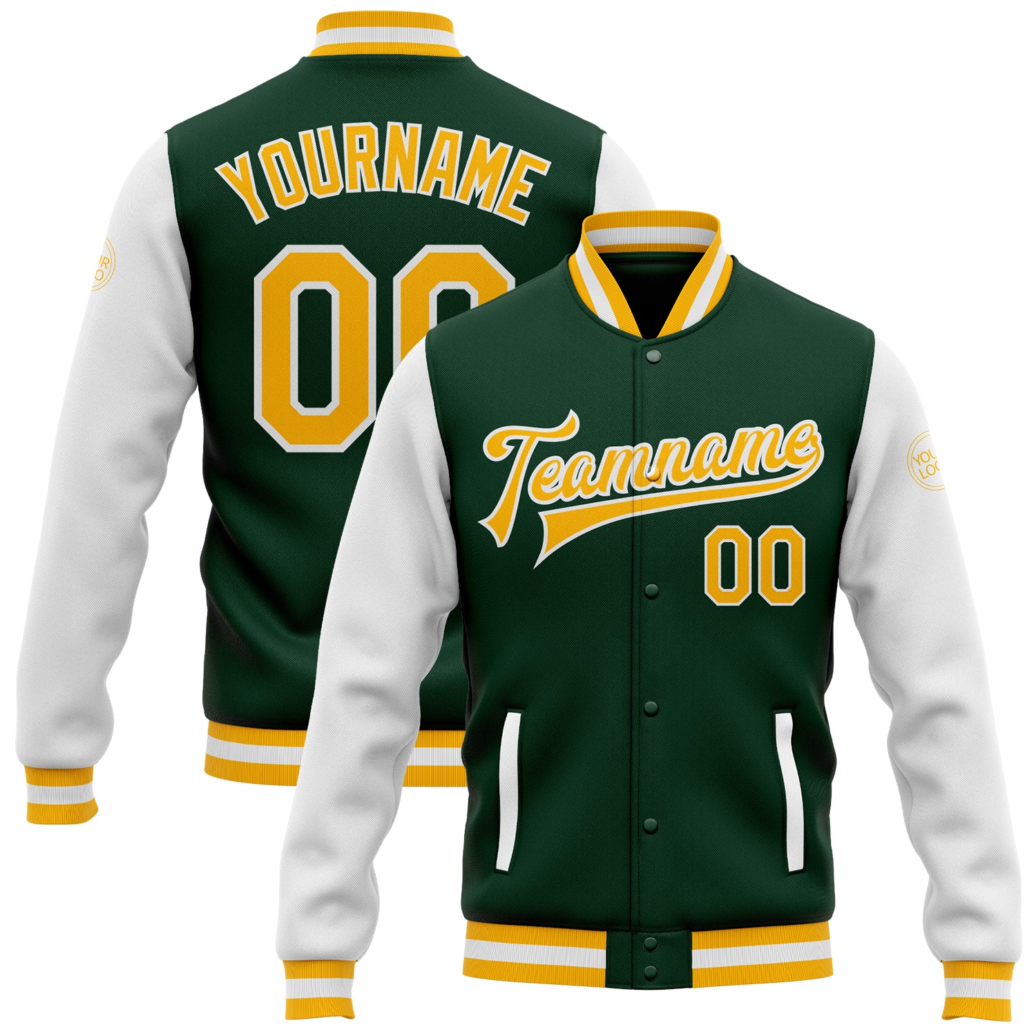 Custom Team Name Number Green Gold-White Bomber Varsity Letterman Full-Snap Two Tone Jacket Personalized Green Gold-White