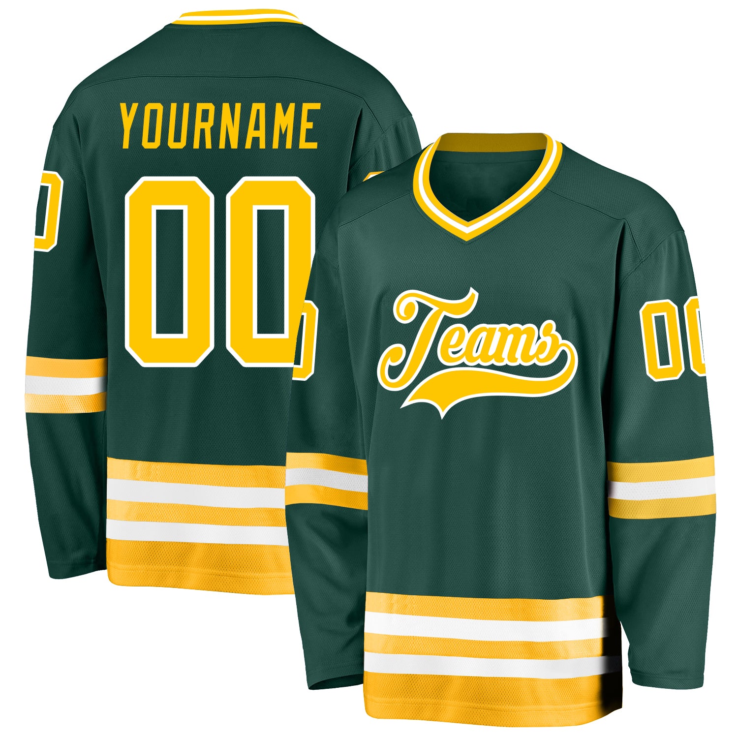 Custom Green Gold White Hockey Jersey with Personalized Name and Number Personalized Green Gold-White Hockey Jersey Team