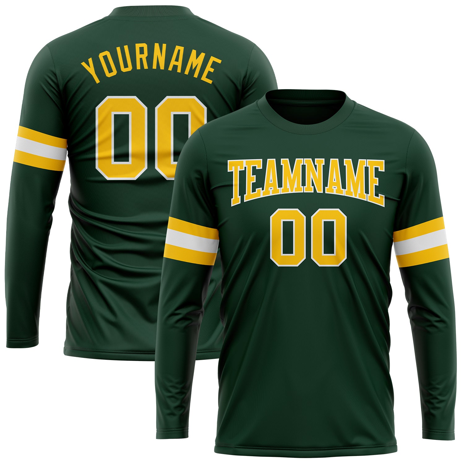 Custom Team Long Sleeve Performance T-Shirt with Personalized Name and Number - Green Gold-White Personalized Green Gold-White