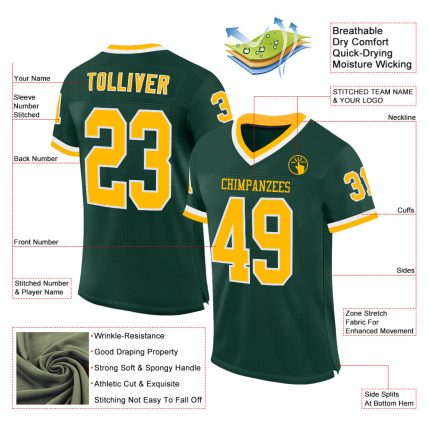 Customizable Green Gold White Mesh Throwback Football Jersey with Name and Number - Personalized Team Apparel Personalized