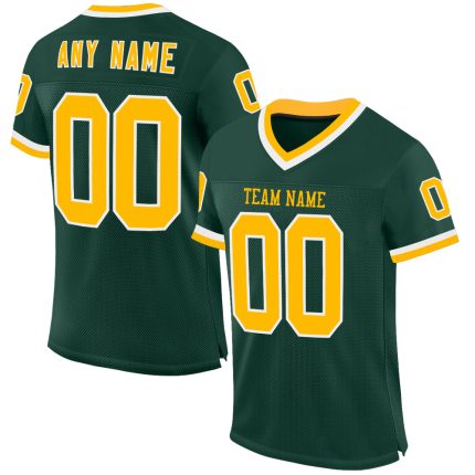Customizable Green Gold White Mesh Throwback Football Jersey with Name and Number - Personalized Team Apparel Personalized