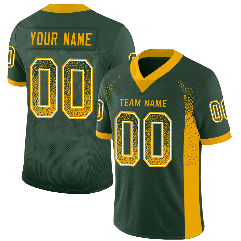 Custom Name Number Green Gold White Mesh Drift Football Jersey - Personalized Fashion Team Jersey Personalized Green Gold-White