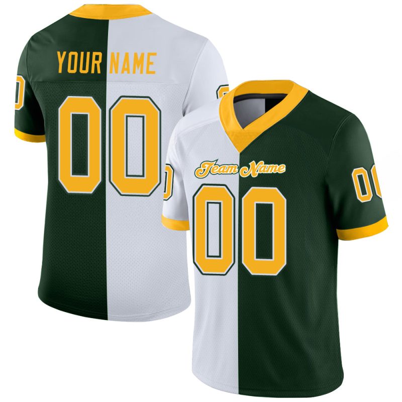 Custom Name and Number Mesh Football Jersey - Personalized Green Gold-White Design Personalized Green Gold-White Mesh Split