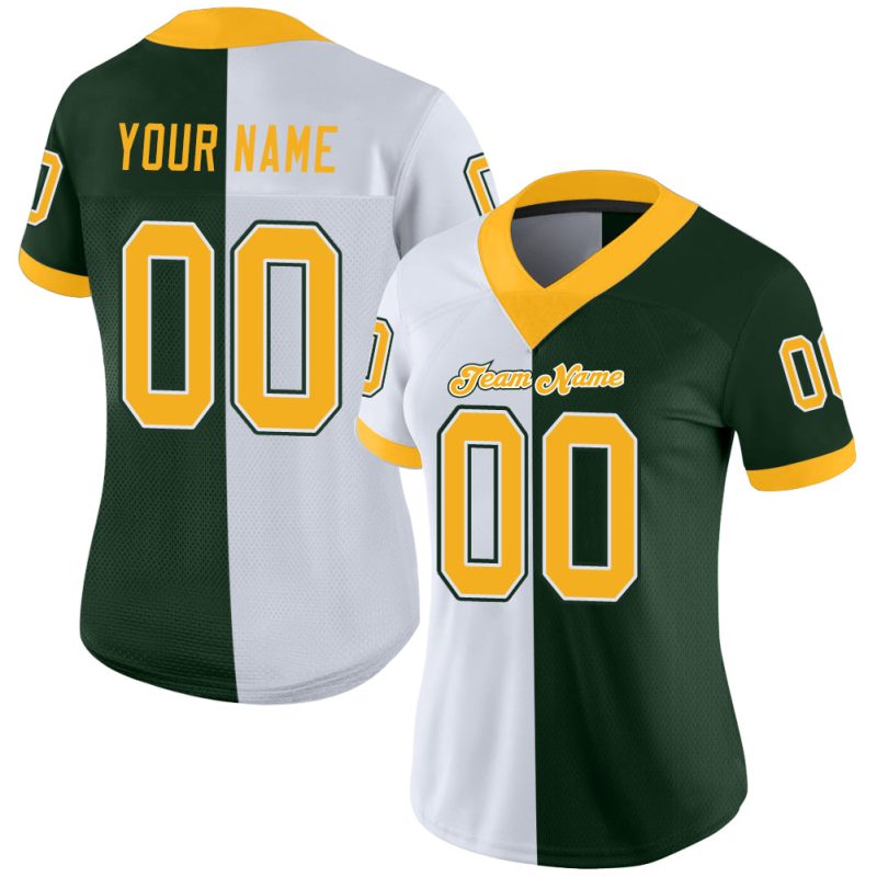 Custom Name and Number Mesh Football Jersey - Personalized Green Gold-White Design Personalized Green Gold-White Mesh Split