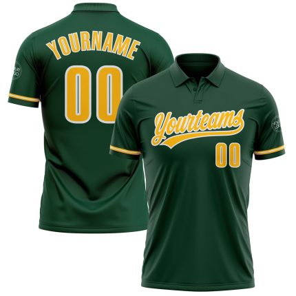 Custom Green and Gold-White Vapor Golf Polo Shirt with Personalized Team Name and Number Personalized Green Gold-White Performance