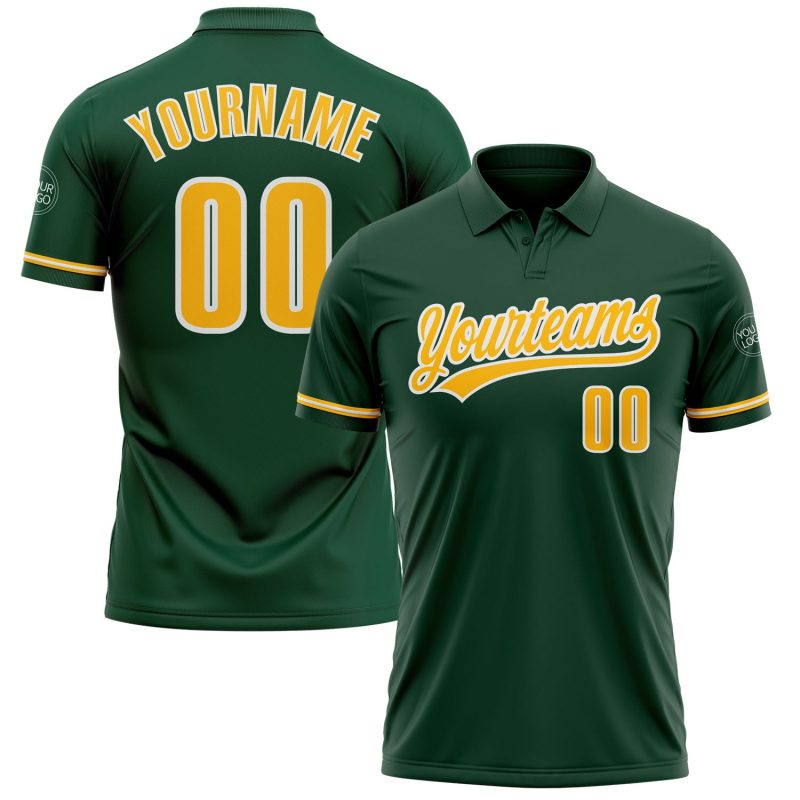 Custom Green and Gold-White Vapor Golf Polo Shirt with Personalized Team Name and Number Personalized Green Gold-White Performance