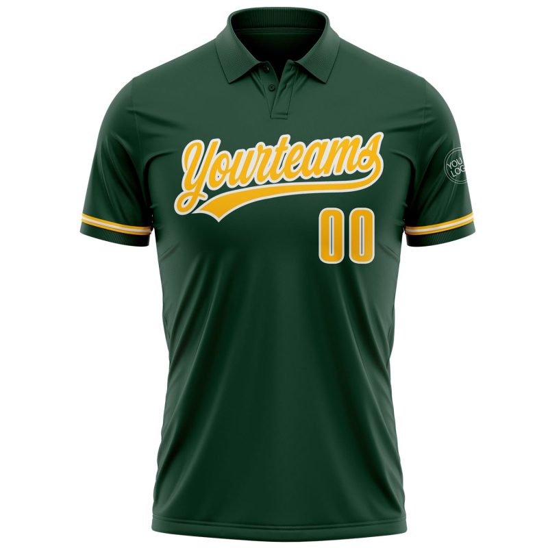 Custom Green and Gold-White Vapor Golf Polo Shirt with Personalized Team Name and Number Personalized Green Gold-White Performance