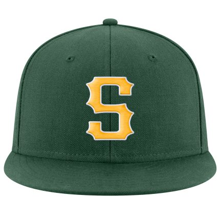 Custom Name Number Snapback Hat - Personalized Green and Gold-White Stitched Adjustable Cap Personalized Green Gold-White