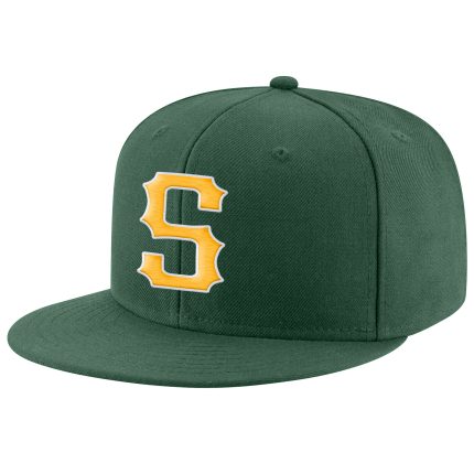 Custom Name Number Snapback Hat - Personalized Green and Gold-White Stitched Adjustable Cap Personalized Green Gold-White