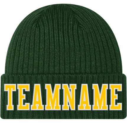 Custom Team Cuffed Knit Hat with Name and Number - Personalized Green Gold-White Stitched Beanie Personalized Green Gold-White