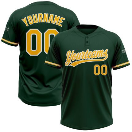 Custom Name and Number Two-Button Unisex Softball Jersey in Green Gold-White - Personalized Team Apparel Personalized Green