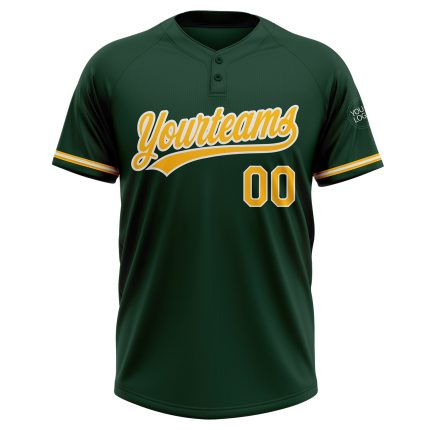 Custom Name and Number Two-Button Unisex Softball Jersey in Green Gold-White - Personalized Team Apparel Personalized Green