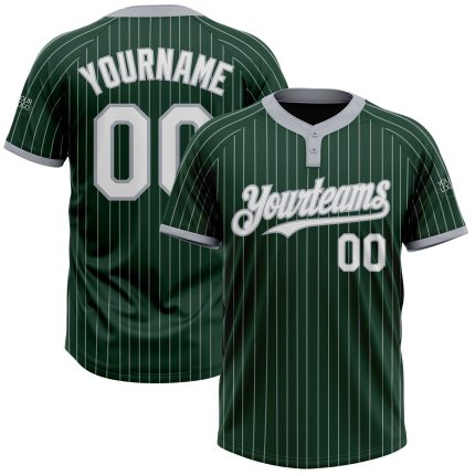 Custom Name and Number Unisex Softball Jersey - Personalized Green Gray Pinstripe Two-Button Design Personalized Green Gray