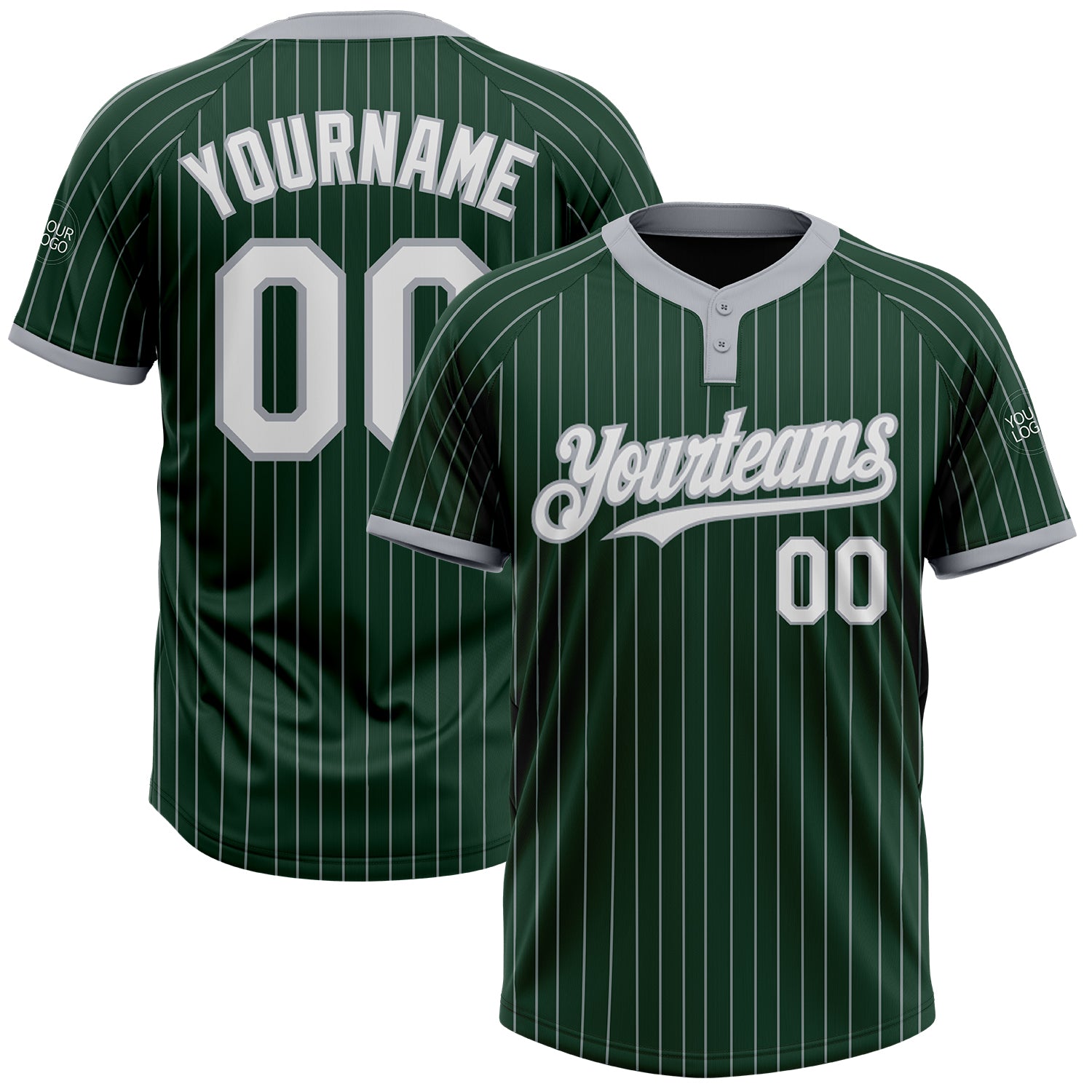 Custom Name and Number Unisex Softball Jersey - Personalized Green Gray Pinstripe Two-Button Design Personalized Green Gray