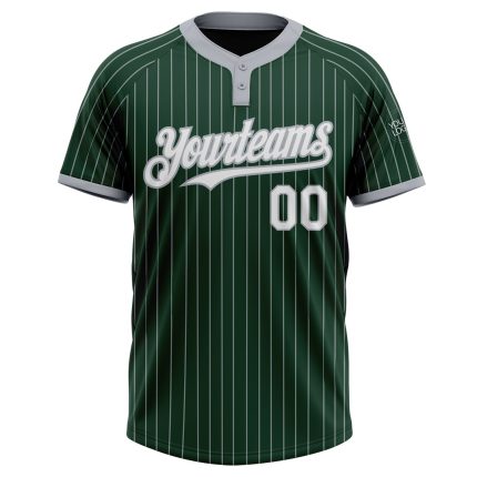 Custom Name and Number Unisex Softball Jersey - Personalized Green Gray Pinstripe Two-Button Design Personalized Green Gray