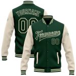 Custom Two Tone Green-Cream Bomber Varsity Jacket with Personalized Name & Number | Full-Snap Letterman Style Personalized