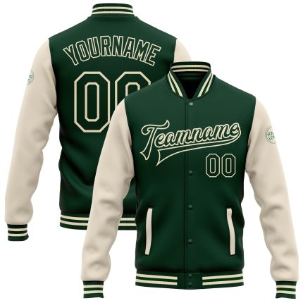 Custom Two Tone Green-Cream Bomber Varsity Jacket with Personalized Name & Number | Full-Snap Letterman Style Personalized
