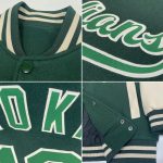 Custom Two Tone Green-Cream Bomber Varsity Jacket with Personalized Name & Number | Full-Snap Letterman Style Personalized