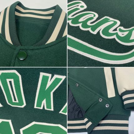Custom Two Tone Green-Cream Bomber Varsity Jacket with Personalized Name & Number | Full-Snap Letterman Style Personalized
