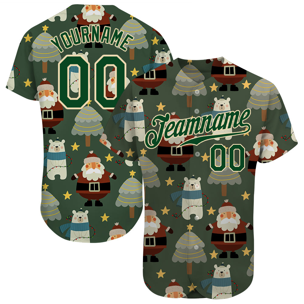Custom Christmas 3D Baseball Jersey - Personalized Green Cream Design with Custom Name and Number Personalized Green Green-Cream