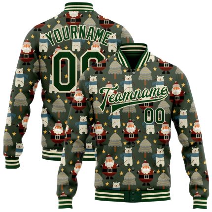 Custom Name and Number Varsity Letterman Jacket - Personalized Green-Cream Christmas 3D Bomber Personalized Green Green-Cream