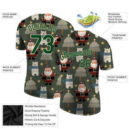 Custom Name and Number Christmas 3D Performance T-Shirt in Green-Cream for Team - Personalized Apparel Personalized Green
