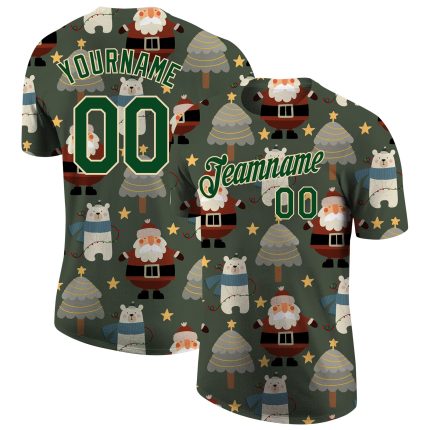 Custom Name and Number Christmas 3D Performance T-Shirt in Green-Cream for Team - Personalized Apparel Personalized Green