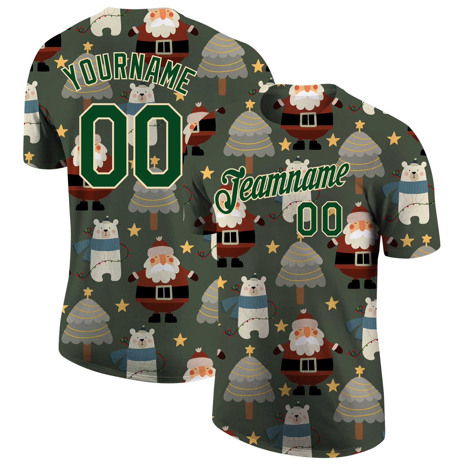 Custom Name and Number Christmas 3D Performance T-Shirt in Green-Cream for Team - Personalized Apparel Personalized Green