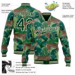 Custom Name and Number Personalized Tropical Tiger 3D Pattern Bomber Varsity Jacket with Palms Personalized Green Green-Cream