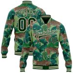 Custom Name and Number Personalized Tropical Tiger 3D Pattern Bomber Varsity Jacket with Palms Personalized Green Green-Cream