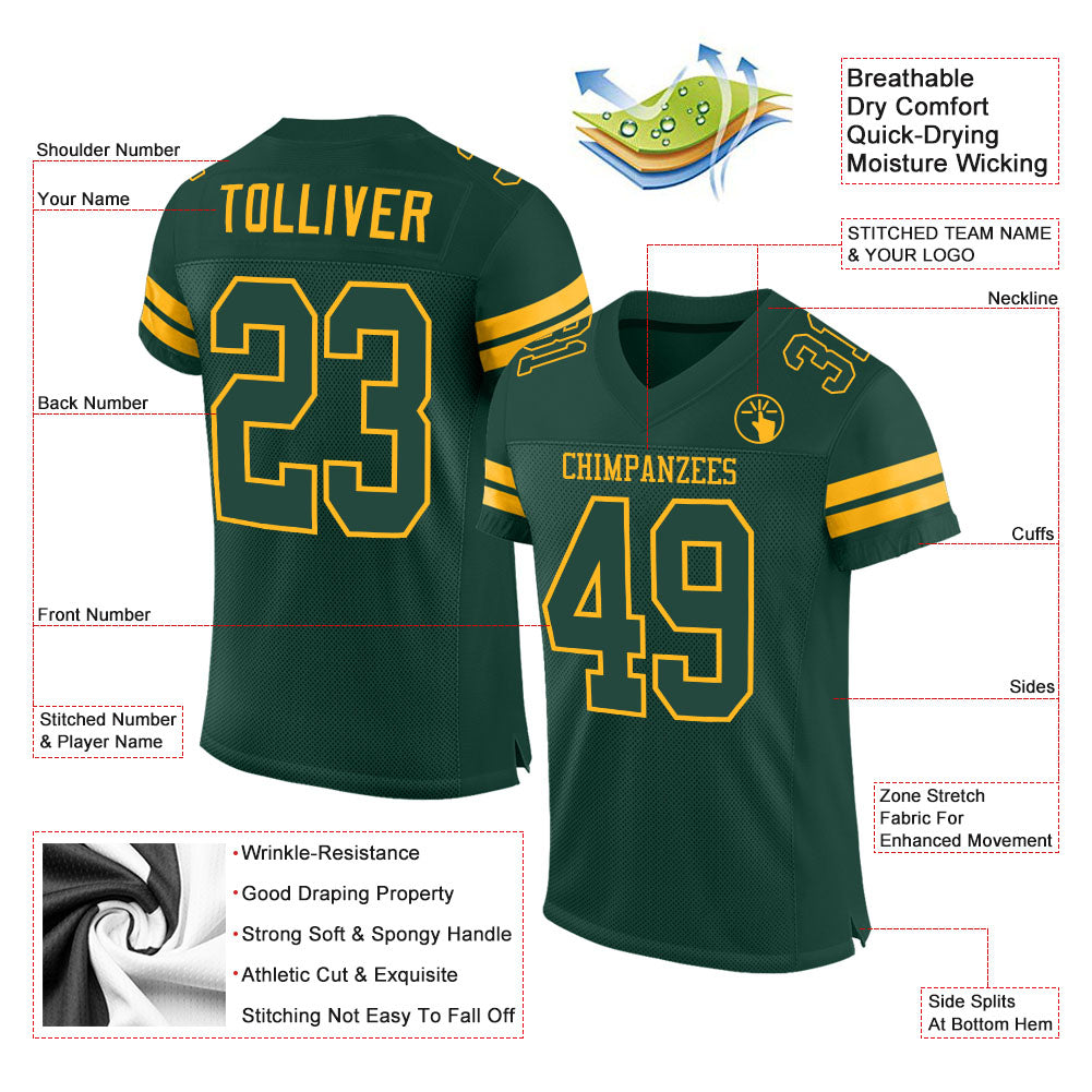 Personalized Green Green-Gold Mesh Authentic Football Jersey Team Custom Name and Number Custom Green Gold Football Jersey with Personalized Name and Number - Authentic Team Apparel Personalized Green Green-Gold - Image 2