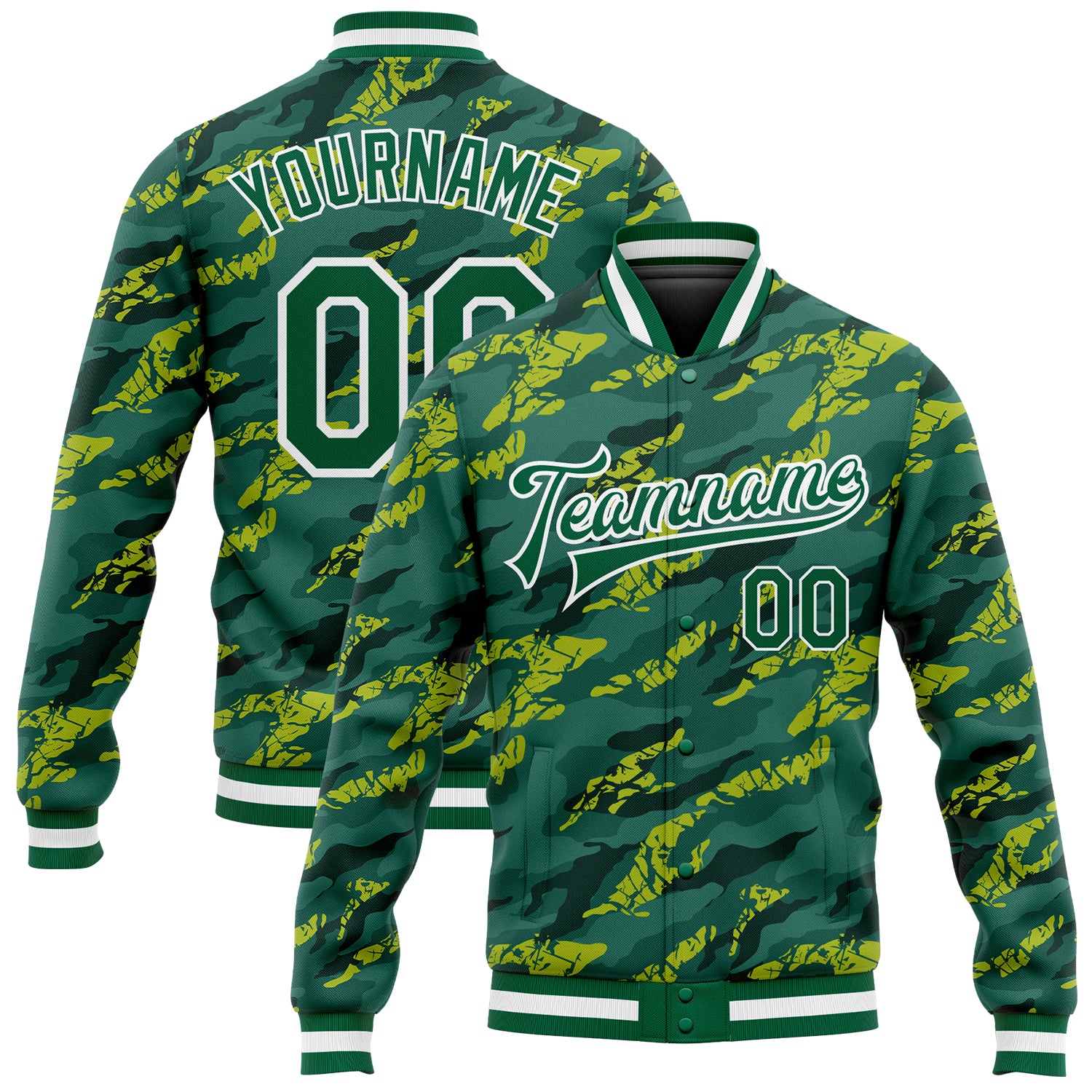 Custom Team Name Number Bomber Jacket Varsity Letterman 3D Pattern Green White Kelly Green Full-Snap Design Personalized