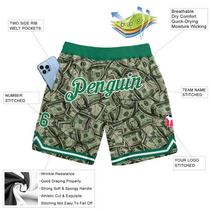 Custom Name Number Dollar Basketball Shorts - Personalized Green White 3D Pattern Design, Team Gear Personalized Green Kelly
