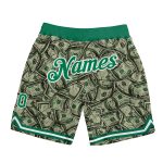 Custom Name Number Dollar Basketball Shorts - Personalized Green White 3D Pattern Design, Team Gear Personalized Green Kelly
