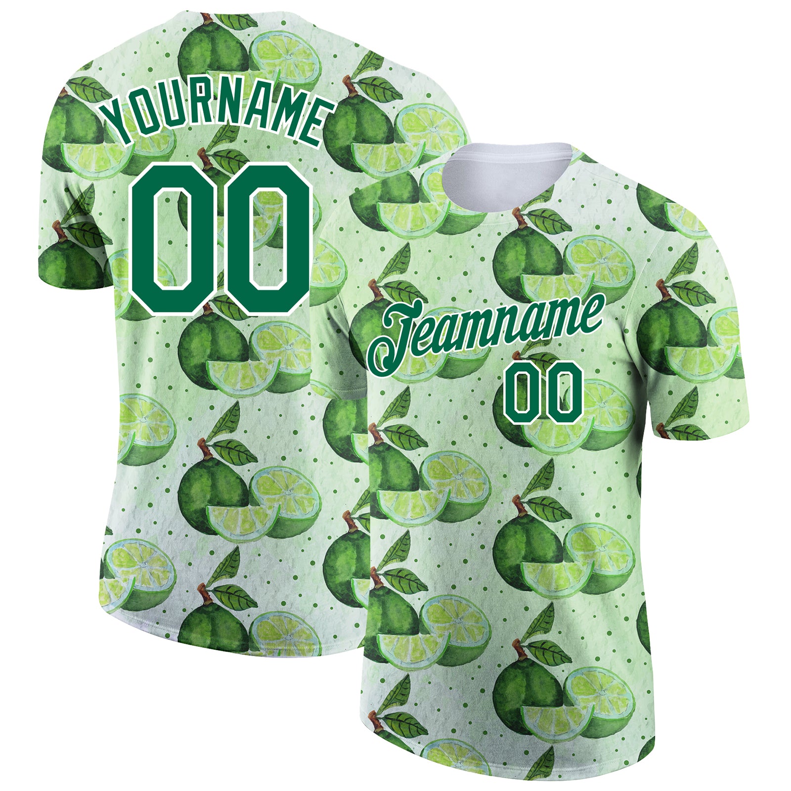 Custom Team Performance T-Shirt with Personalized Name and Number - Green Kelly Green-White 3D Pattern Design Personalized