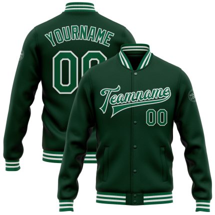 Custom Kelly Green White Bomber Varsity Letterman Jacket Full-Snap Design Personalized Green Kelly Green-White Bomber Full-Snap