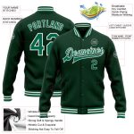 Custom Kelly Green White Bomber Varsity Letterman Jacket Full-Snap Design Personalized Green Kelly Green-White Bomber Full-Snap