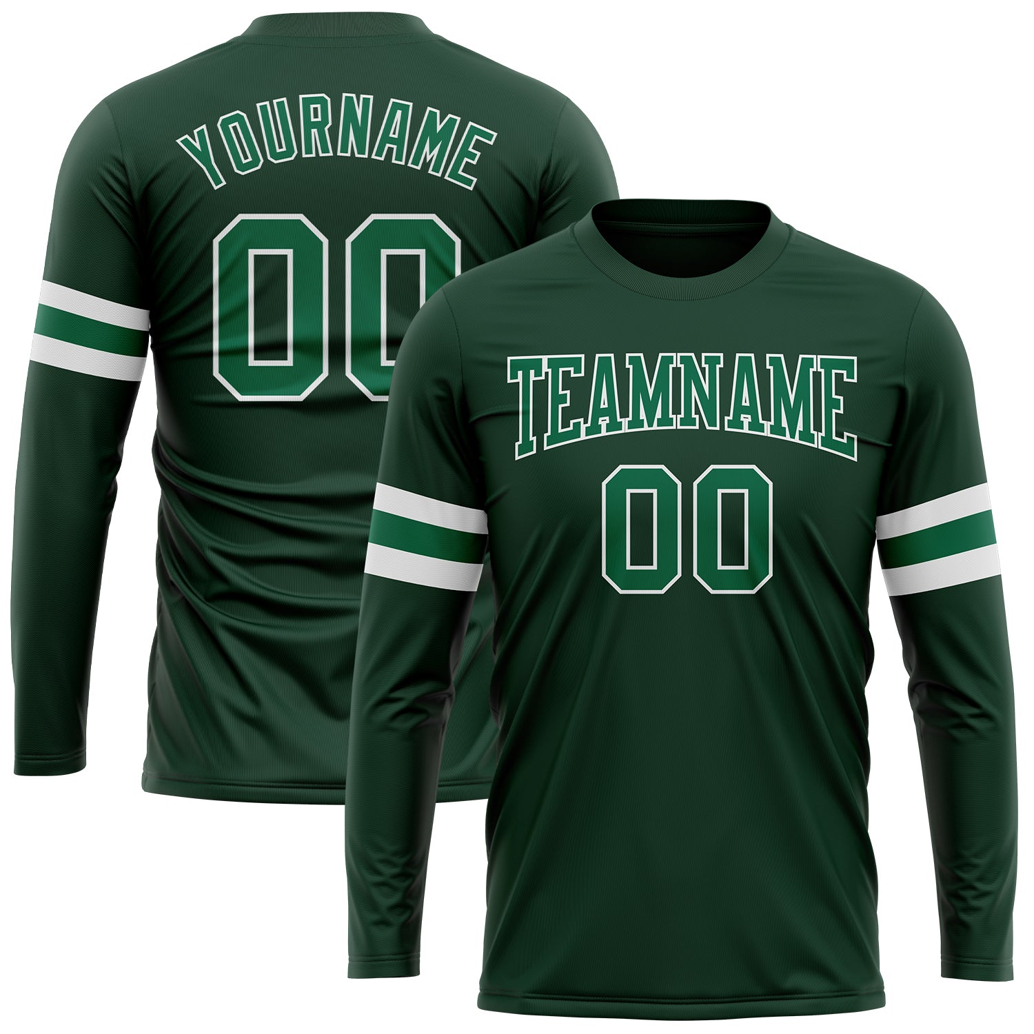 Custom Team Performance T-Shirt with Name and Number - Kelly Green Long Sleeve Personalized Green Kelly Green-White Long