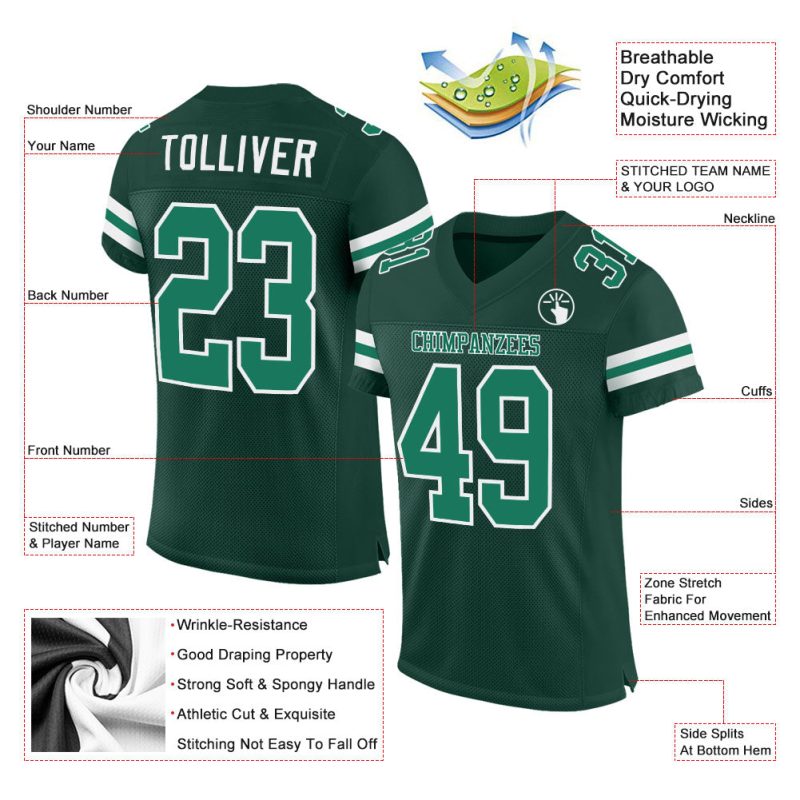 Custom Name and Number Personalized Green Kelly Green-White Authentic Football Jersey Personalized Green Kelly Green-White