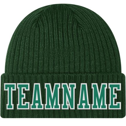 Custom Personalized Green Knit Hat with White Stitching - Team Name and Number Cuffed Beanie Personalized Green Kelly Green-White