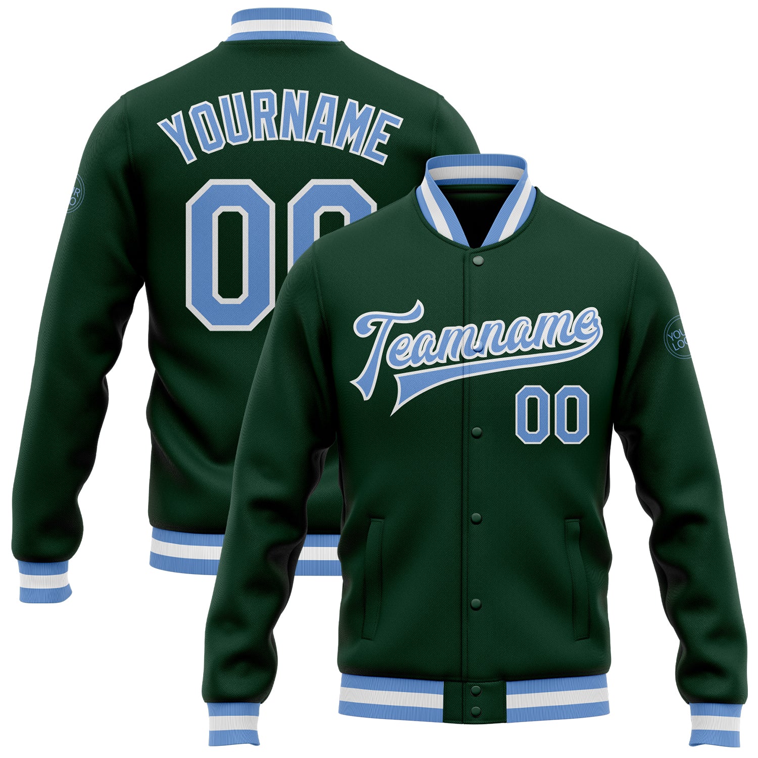Custom Team Name and Number Varsity Letterman Jacket Green Light Blue White Bomber Full-Snap Personalized Green Light Blue-White