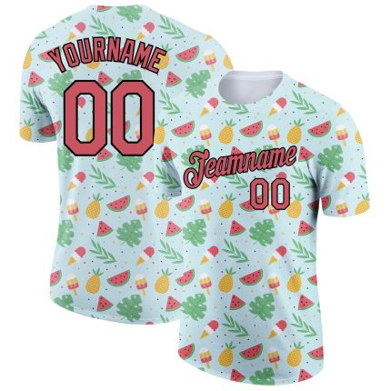 Personalized Summer Holiday T-Shirt with Custom Name & Number, Medium Green 3D Pink-Black Fruit & Ice Cream Design Personalized