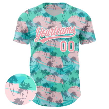 Custom Name and Number Baseball Jersey with 3D Hawaiian Palm Tree Design - Personalized Green Medium Pink-White Team Apparel