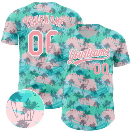 Custom Name and Number Baseball Jersey with 3D Hawaiian Palm Tree Design - Personalized Green Medium Pink-White Team Apparel