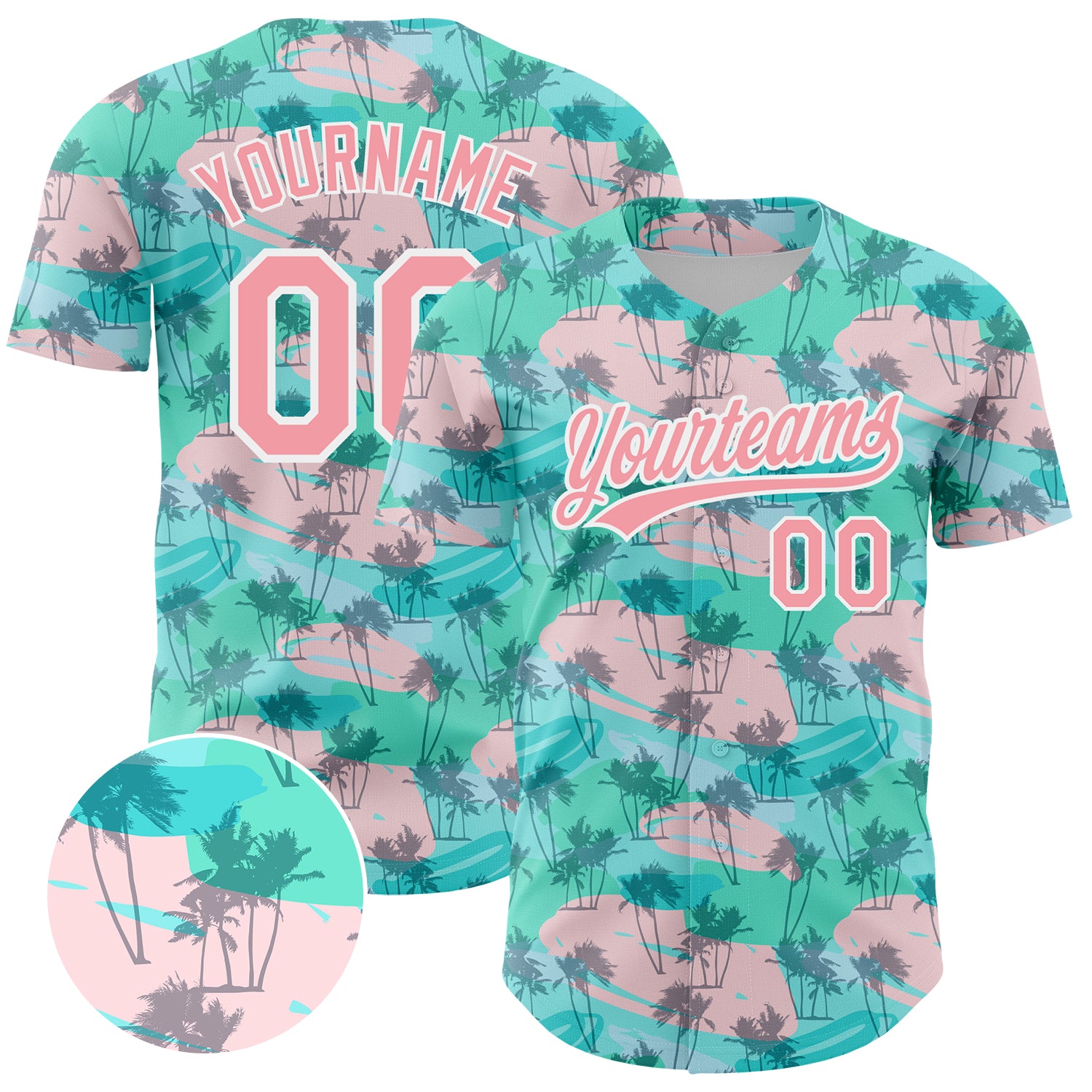 Custom Name and Number Baseball Jersey with 3D Hawaiian Palm Tree Design - Personalized Green Medium Pink-White Team Apparel