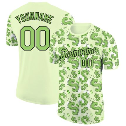 Custom Name and Number Dollar Sign Performance T-Shirt, Neon Green-Black 3D Money Theme Design, Team Apparel Personalized