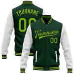 Customizable Green and Black Neon Varsity Letterman Jacket with Team Name and Number - Full-Snap Bomber Style Personalized